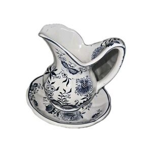 Enesco Blue and White Onion Delft Floral Pitcher Basin Set 5" Vintage Ceramic